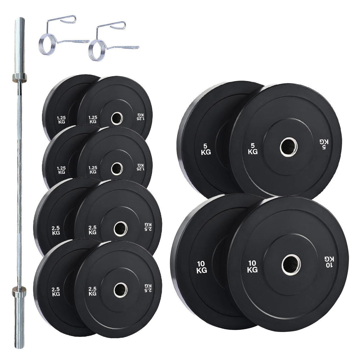 Olympic bumper plate set with barbell and spring collars