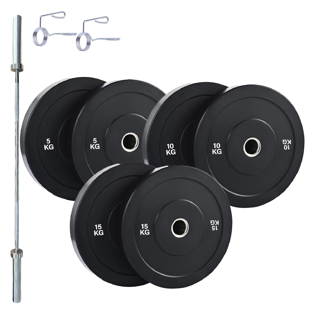 Olympic bumper plate set with barbell and spring collars