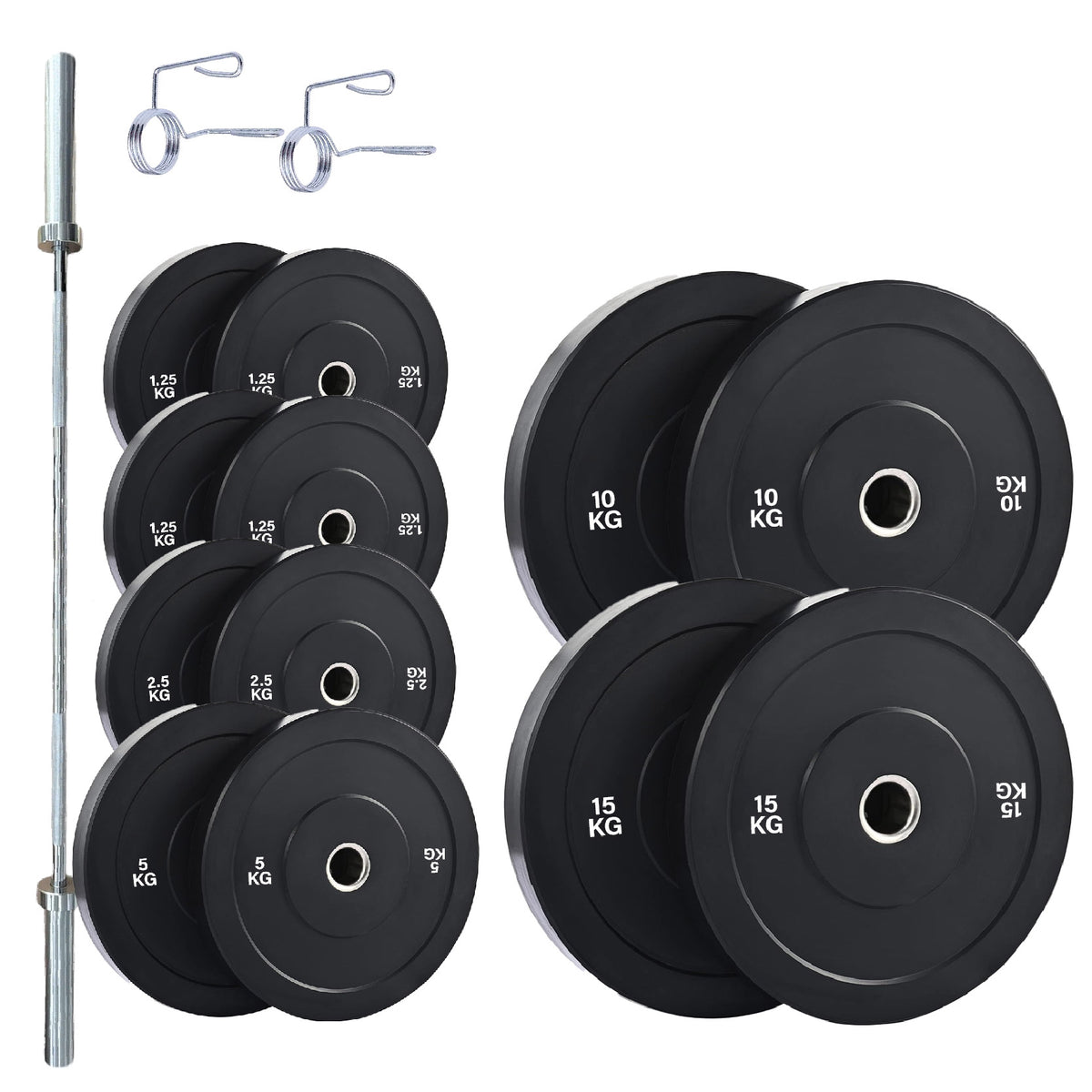 Olympic bumper plate set with barbell and spring collars