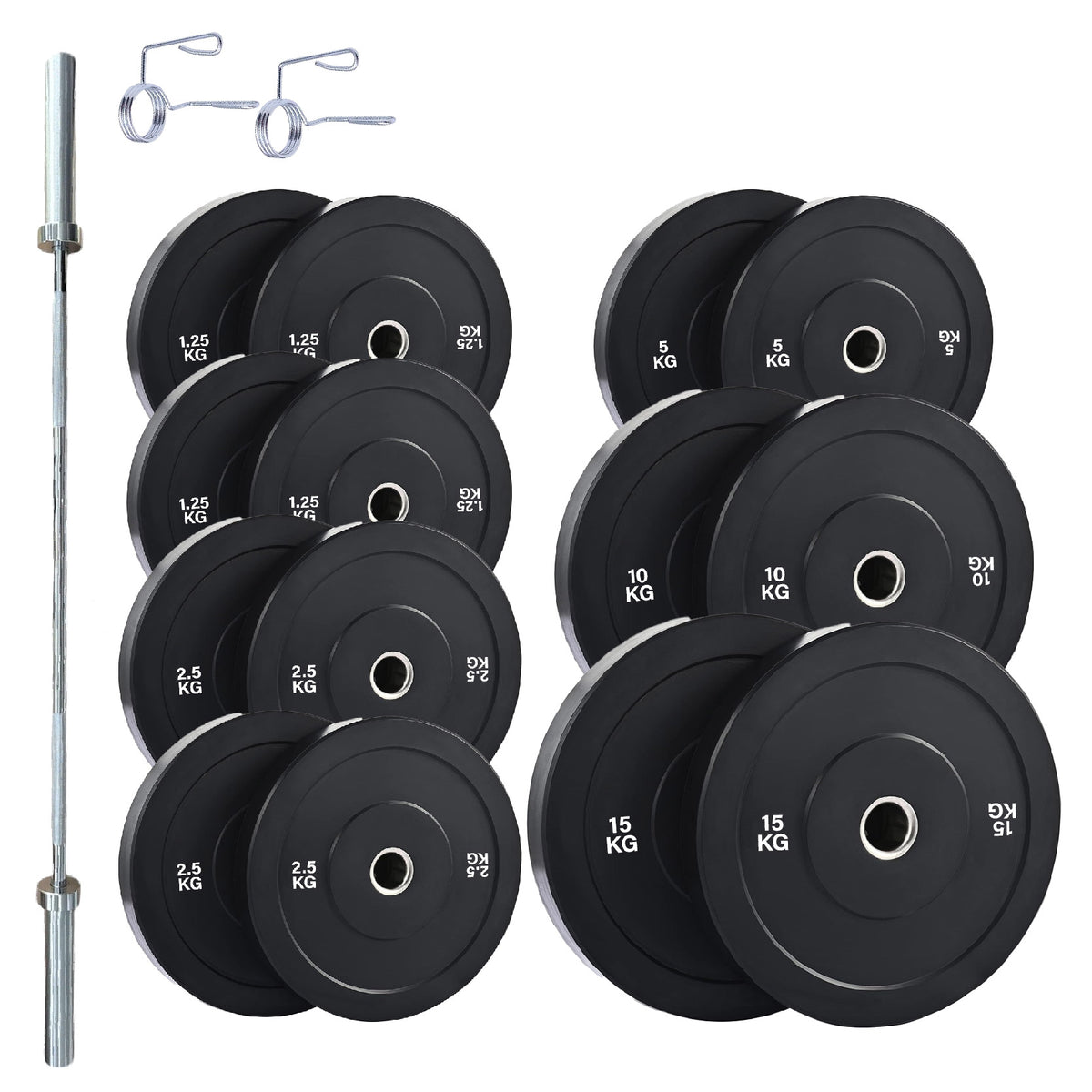 Olympic bumper plate set with barbell and spring collars