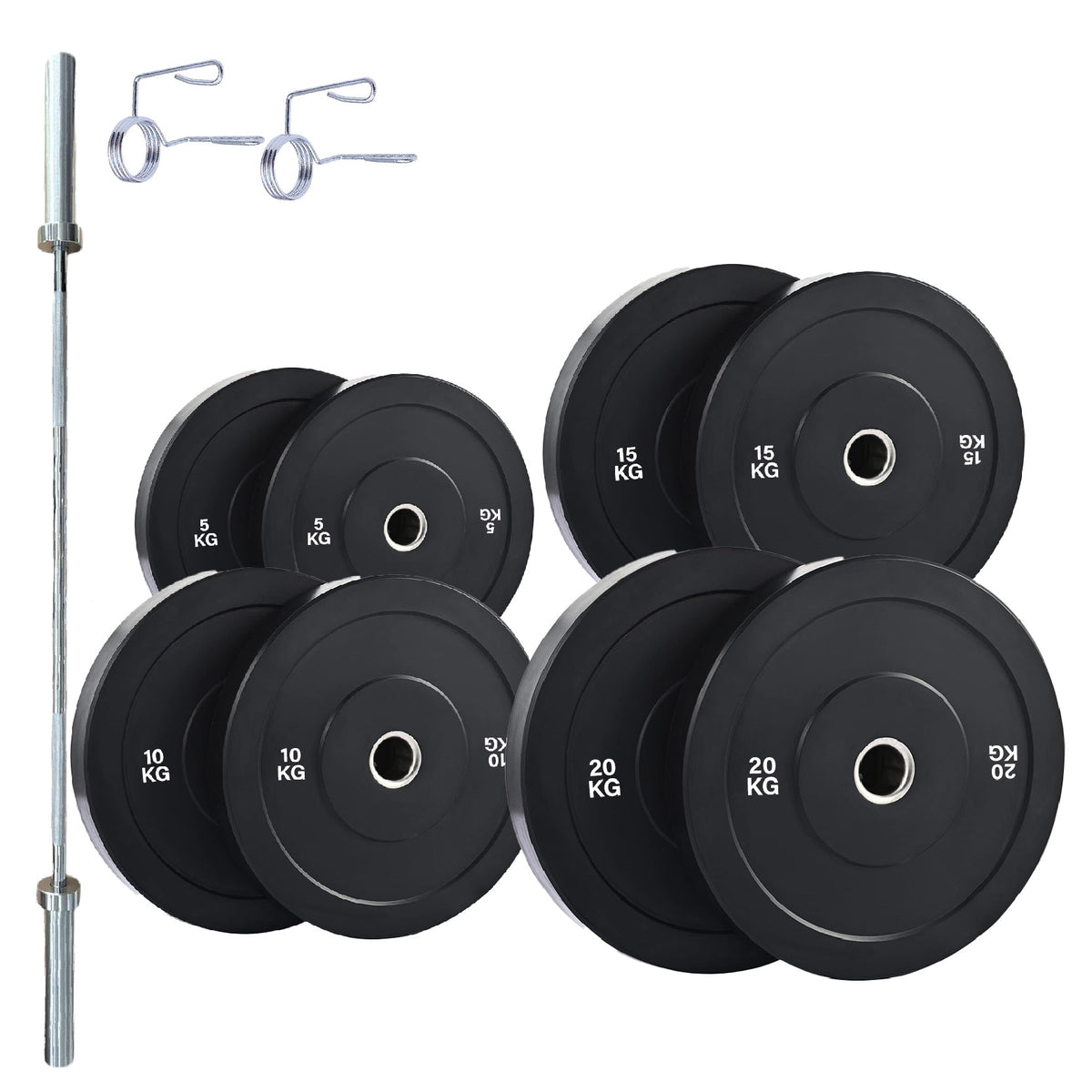 Olympic bumper plate set with barbell and spring collars