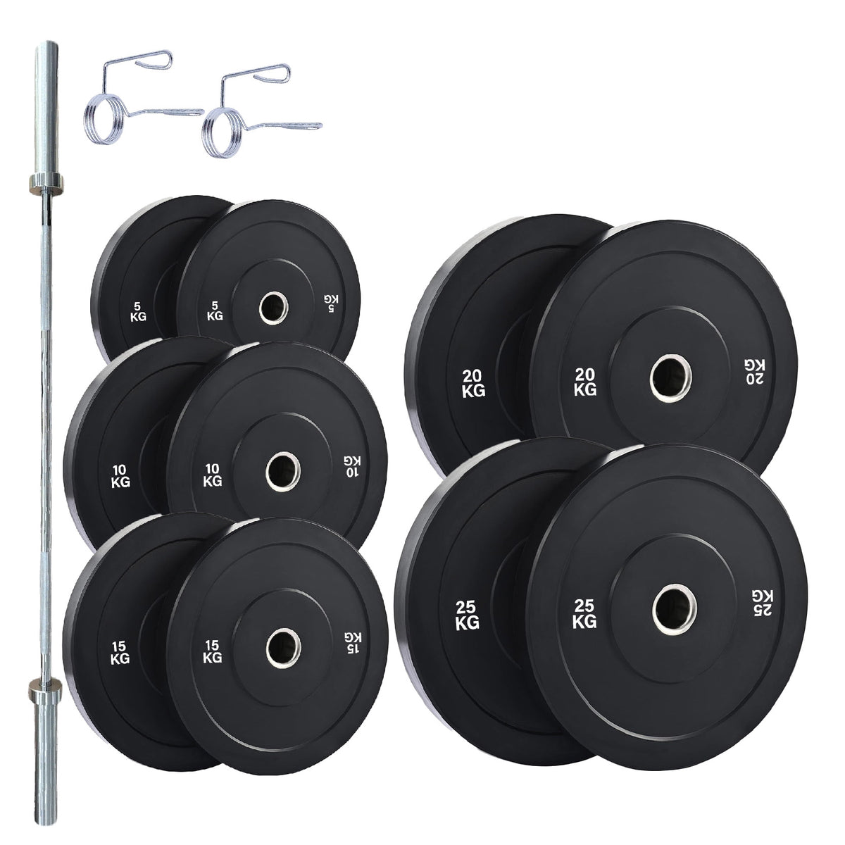 Olympic bumper plate set with barbell and spring collars