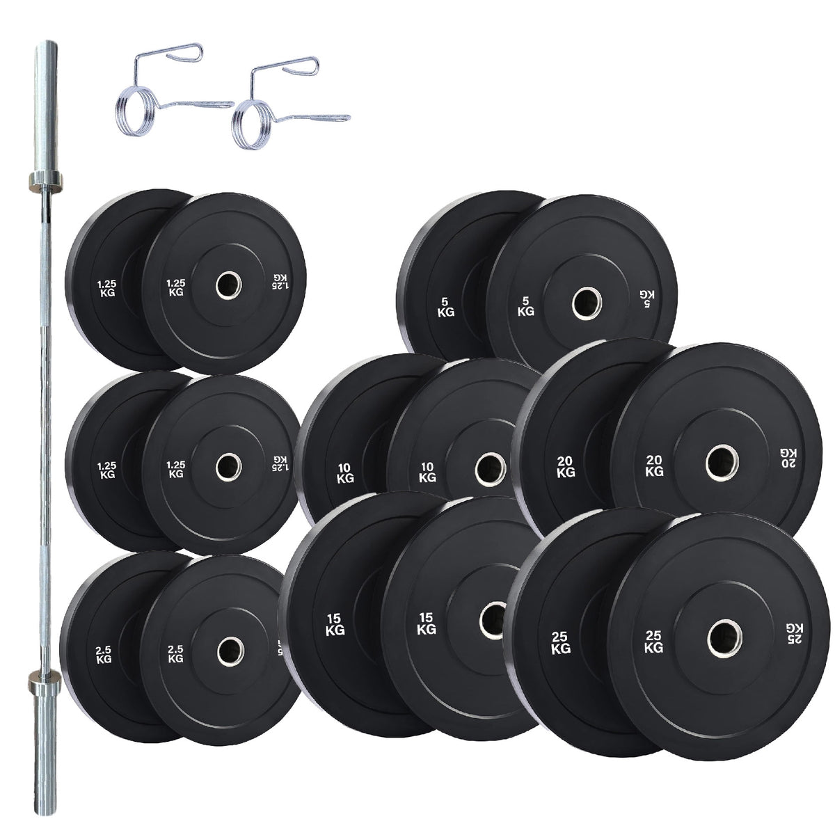 Olympic bumper plate set with barbell and spring collars