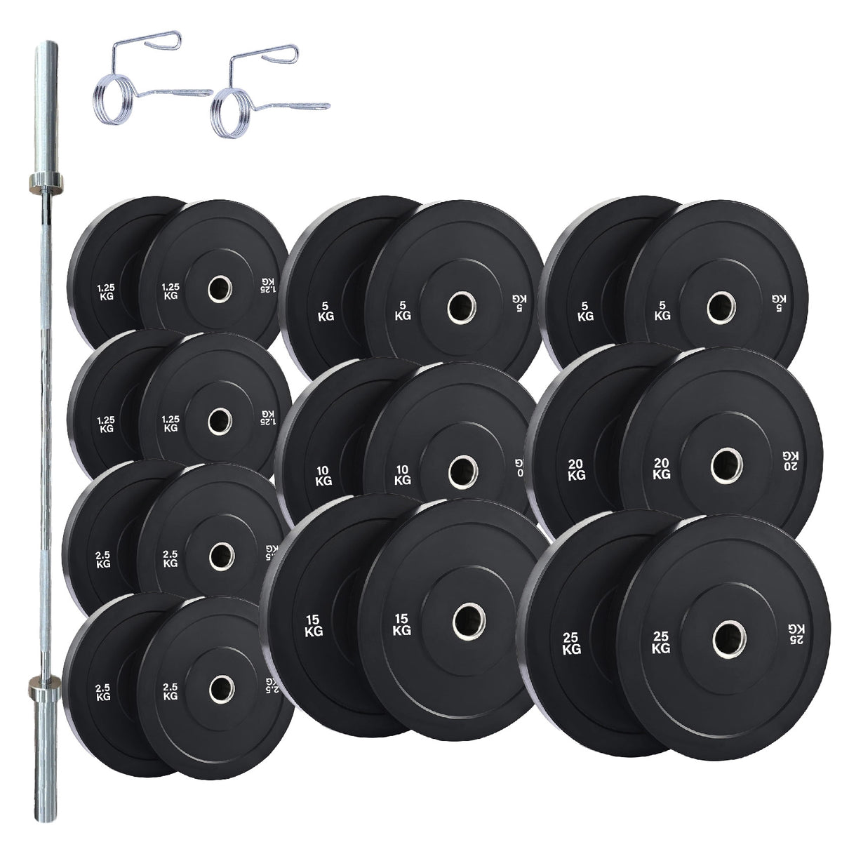 Olympic bumper plate set with barbell and spring collars