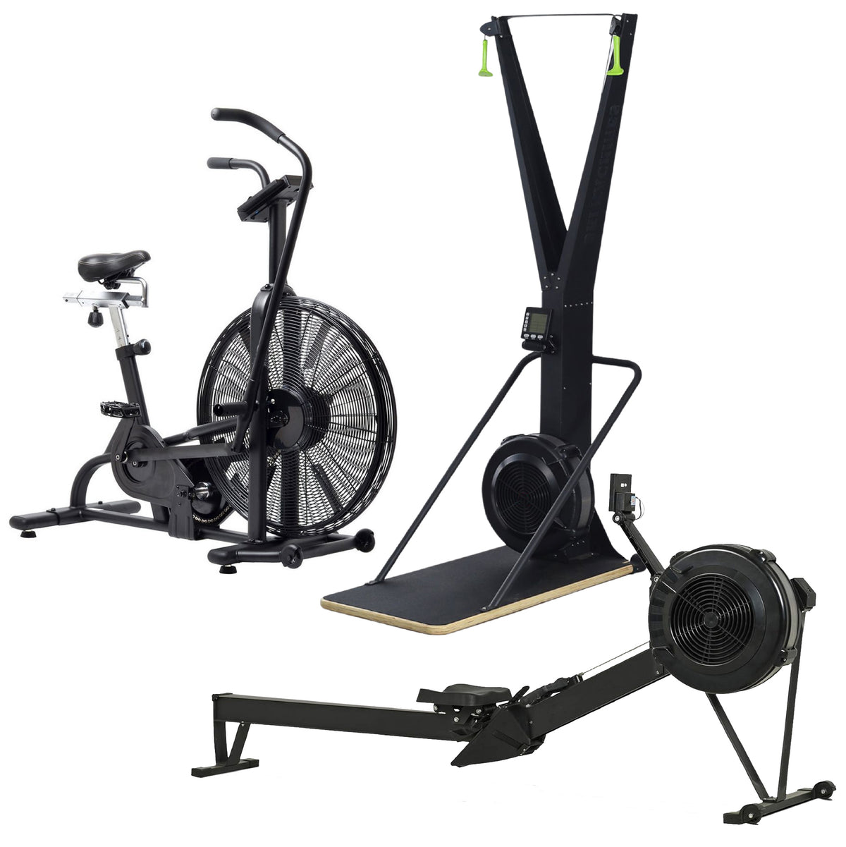 Ski trainer, exercise bike and rowing machine combination