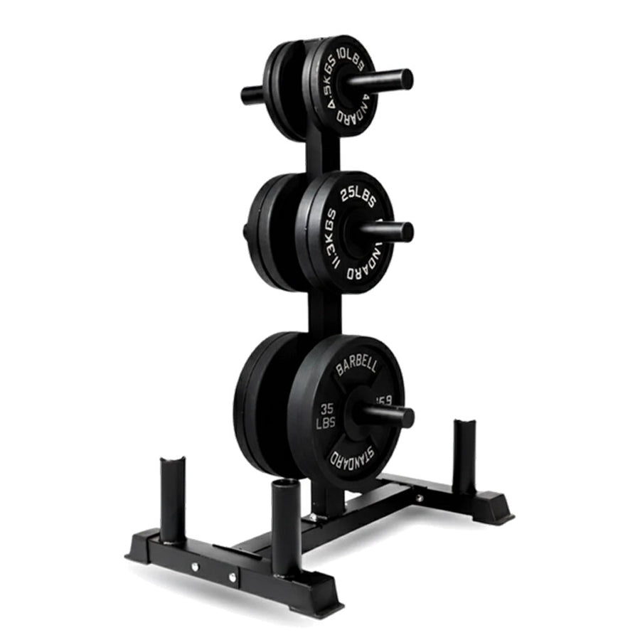 Weight plates on an Olympic weight tree