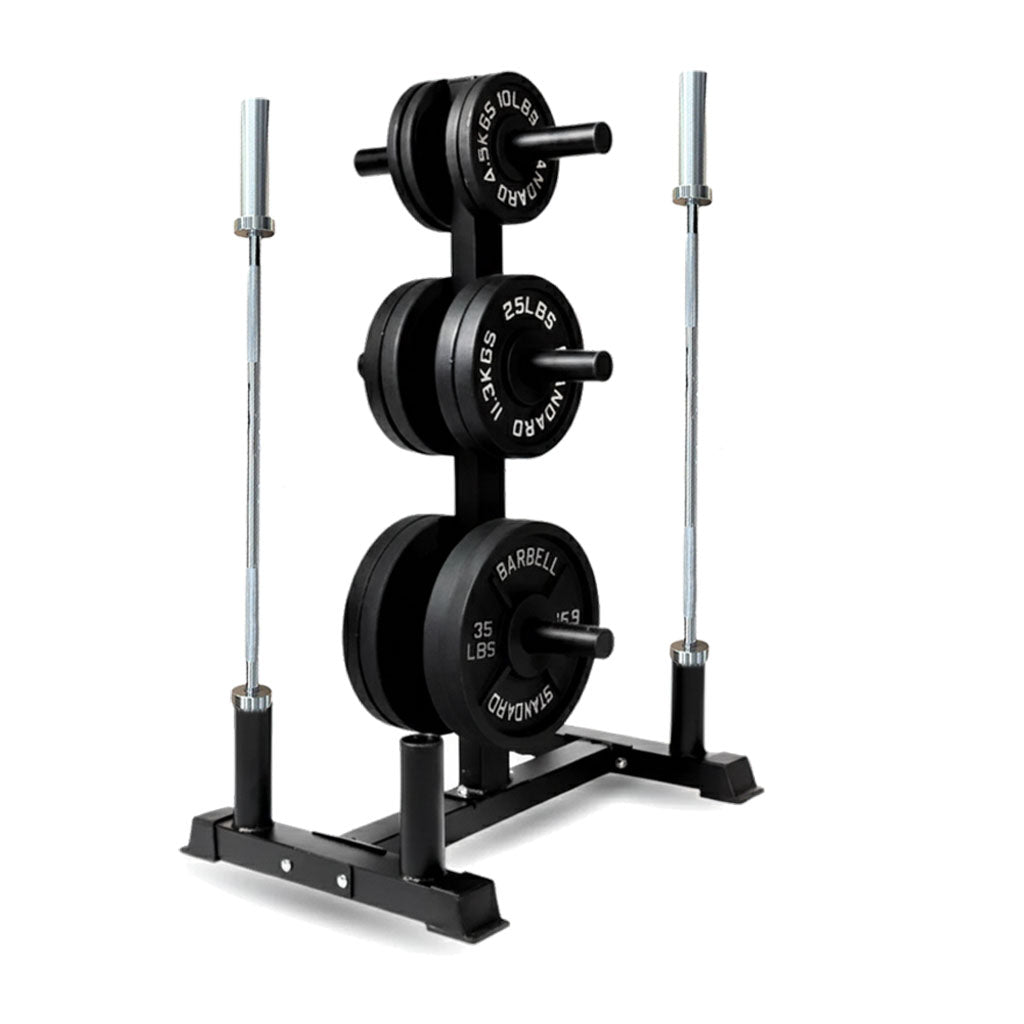 Weight plates on an Olympic weight tree