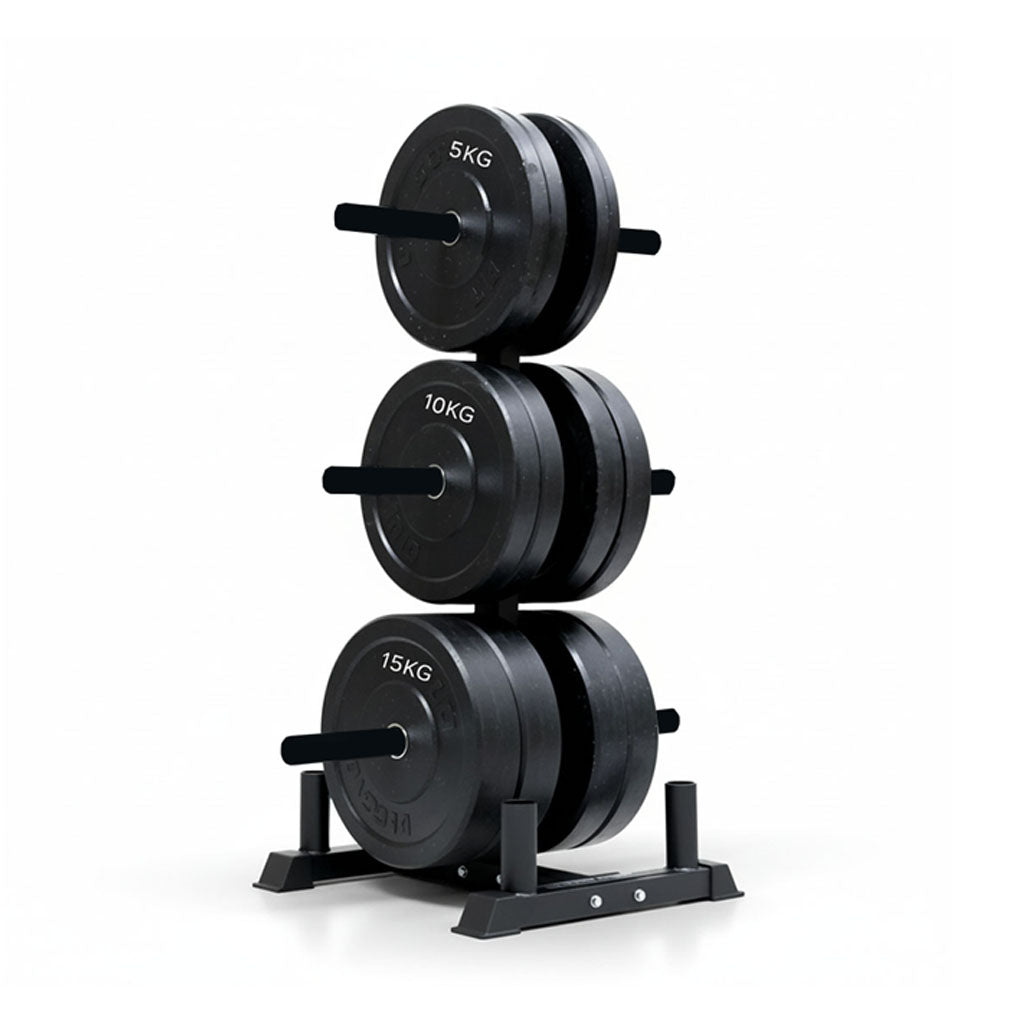Weight plates on an Olympic weight tree