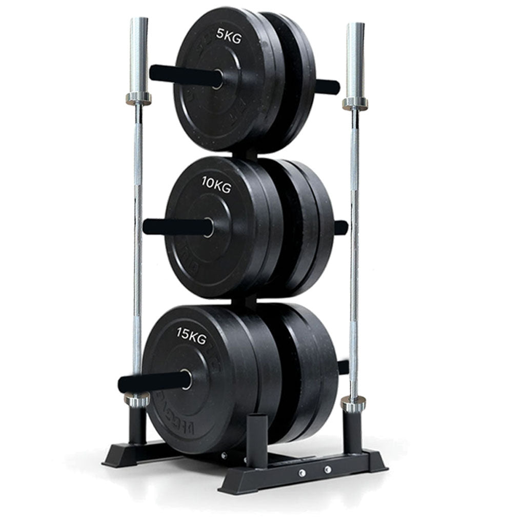 Weight plates on an Olympic weight tree