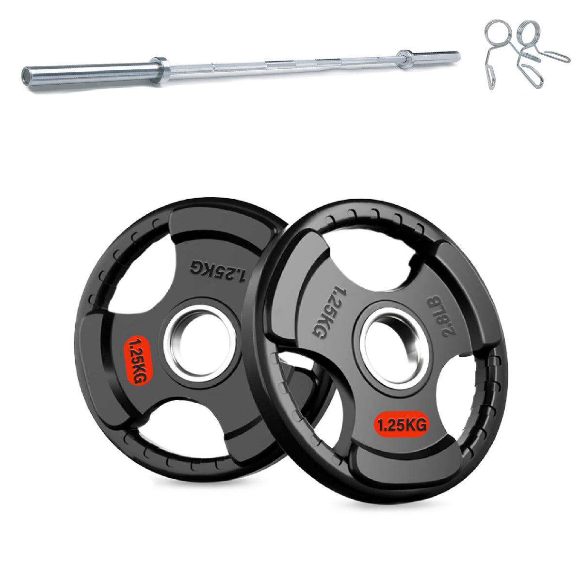 Tri-grip weight plates with barbell and collars