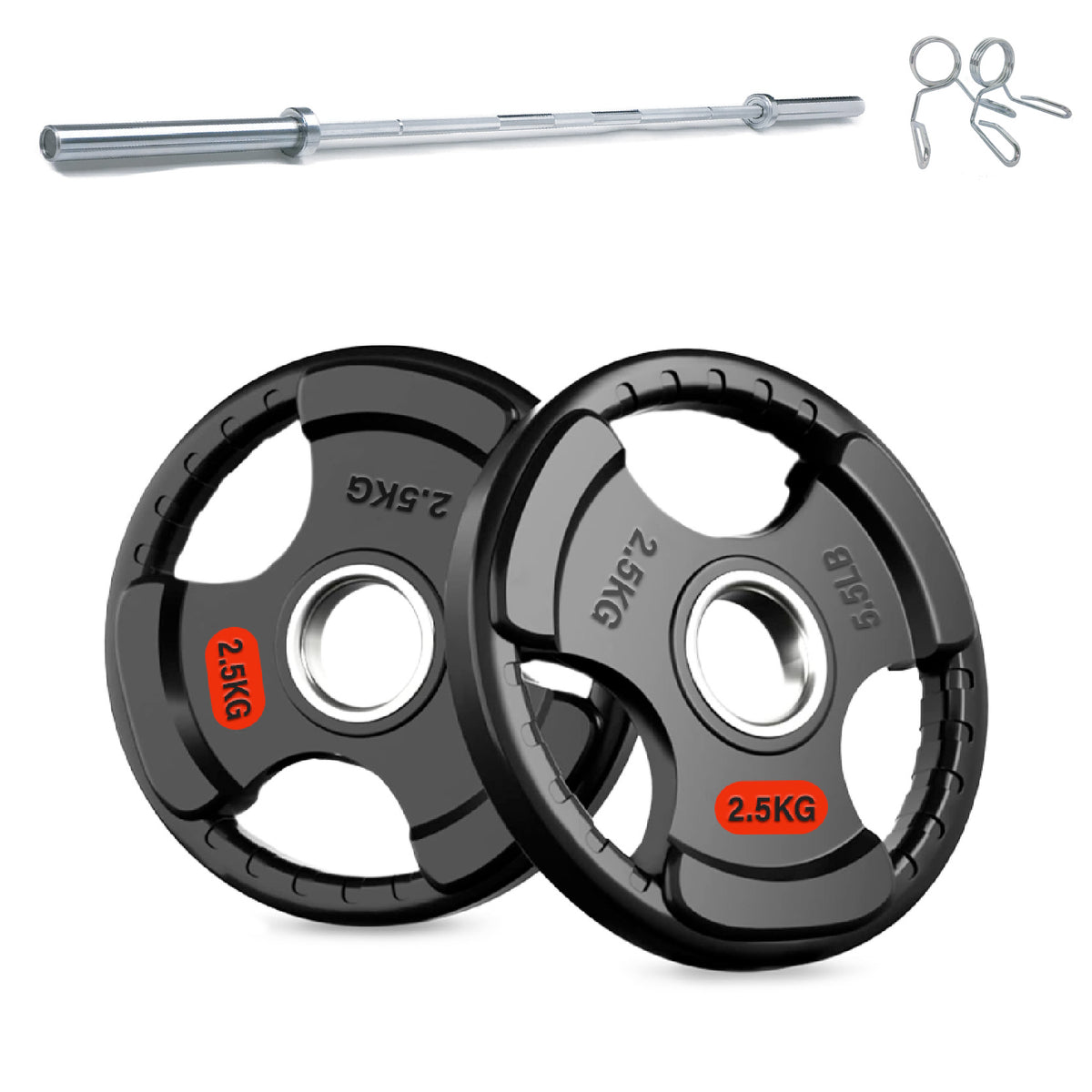 Tri-grip weight plates with barbell and collars