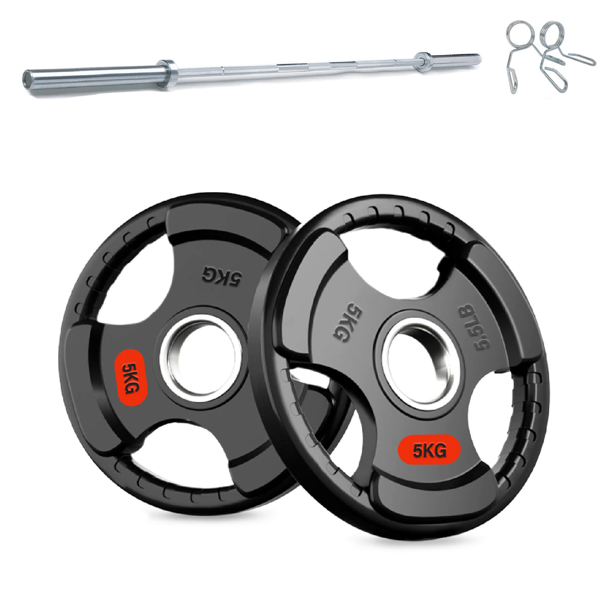 Tri-grip weight plates with barbell and collars