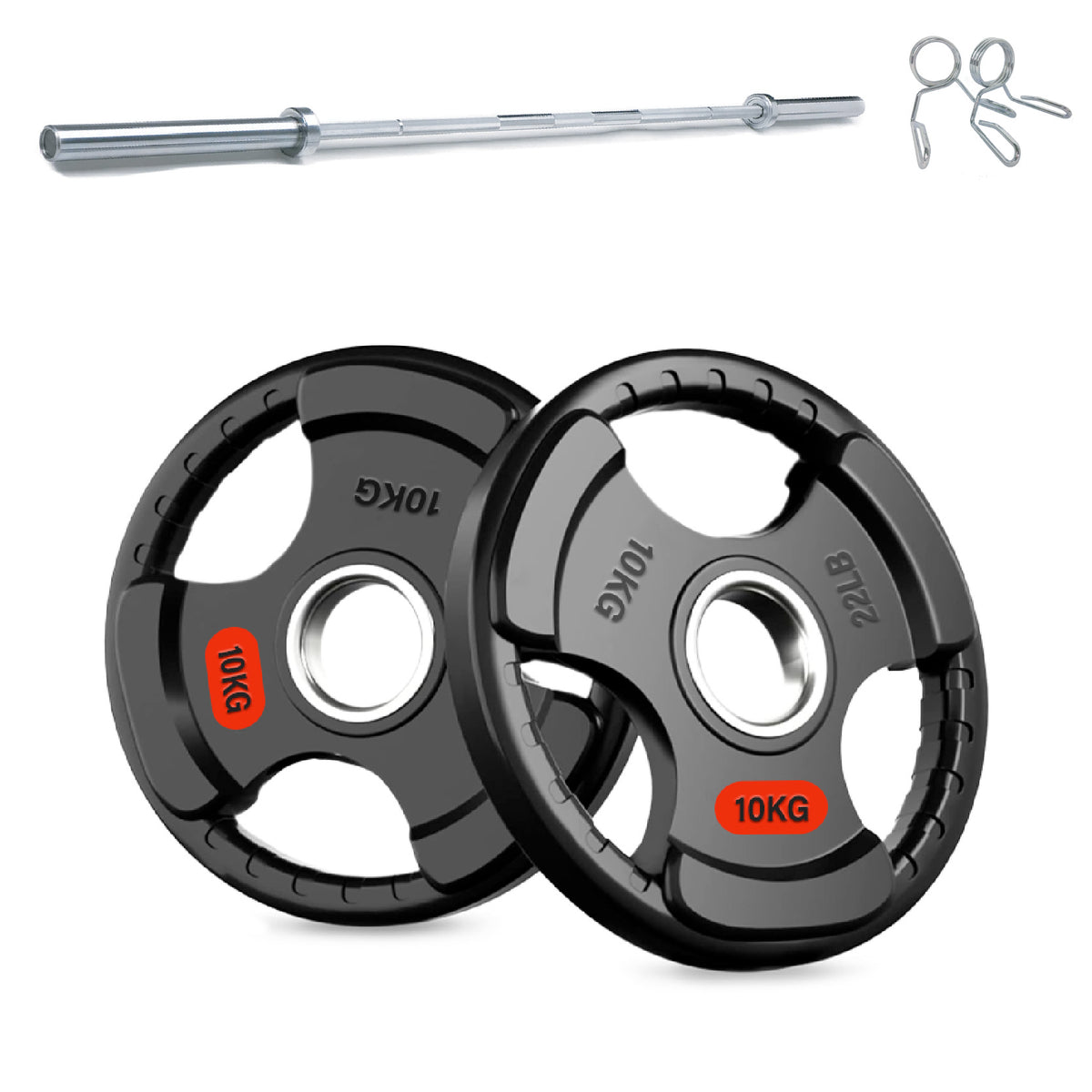 Tri-grip weight plates with barbell and collars