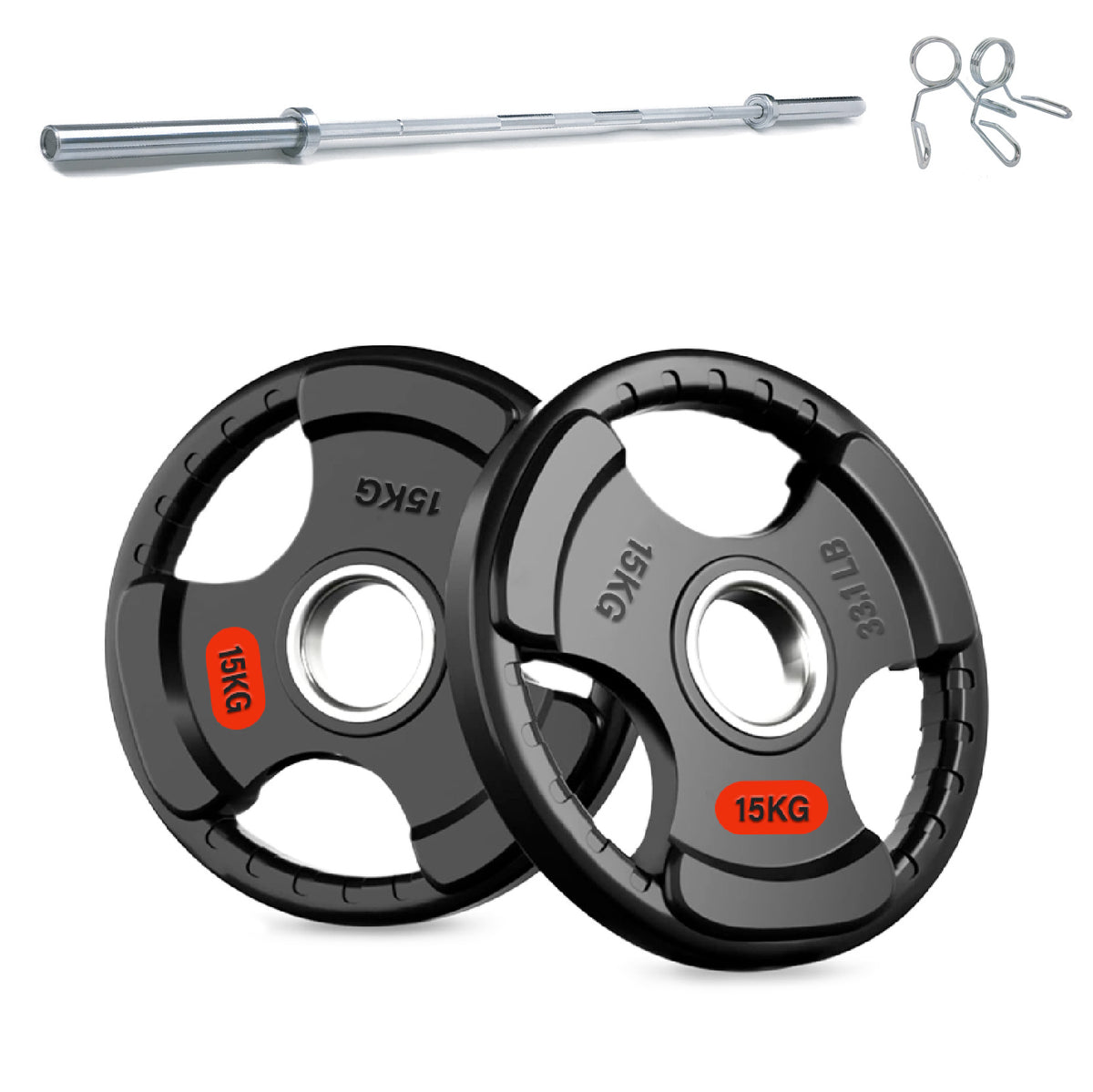 Tri-grip weight plates with barbell and collars