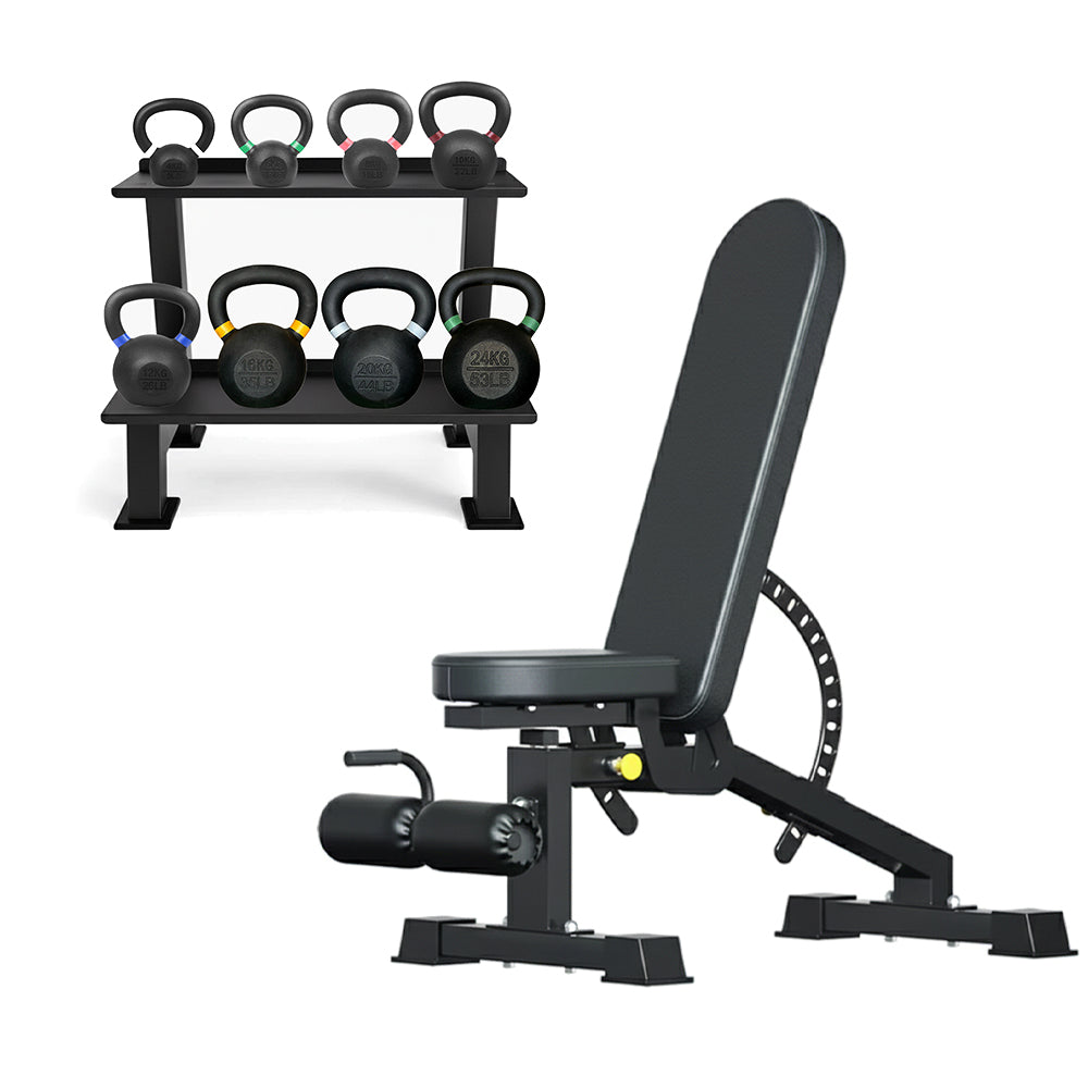 Kettlebell storage rack set with adjustable bench
