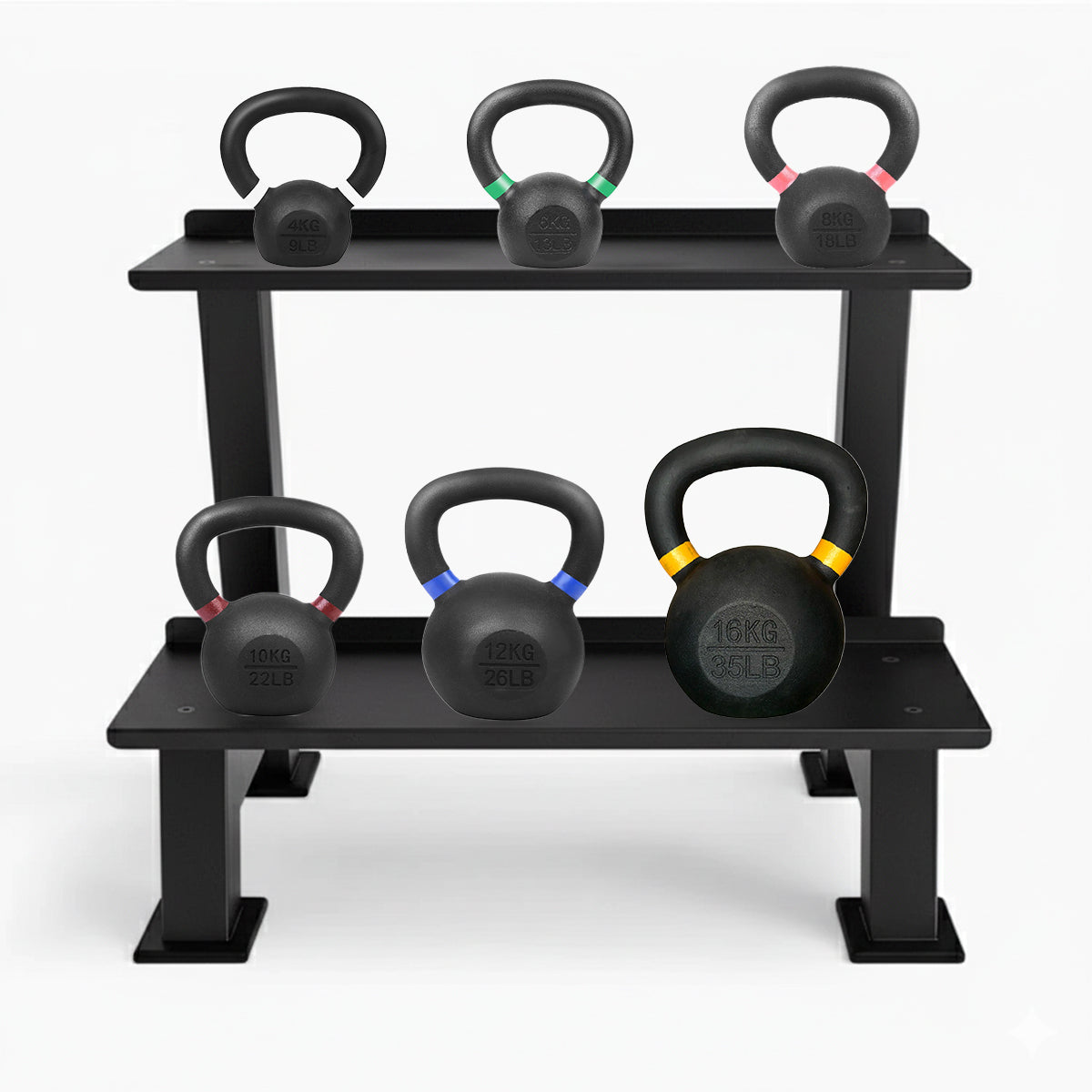 Kettlebells on a two-tier storage rack