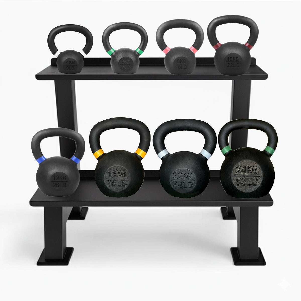 Kettlebells on a two-tier storage rack