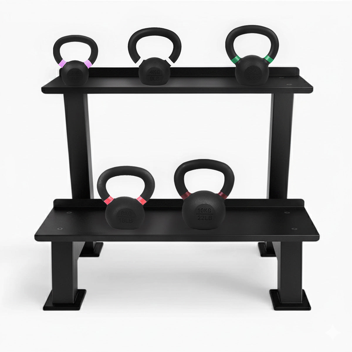 Kettlebells on a two-tier storage rack