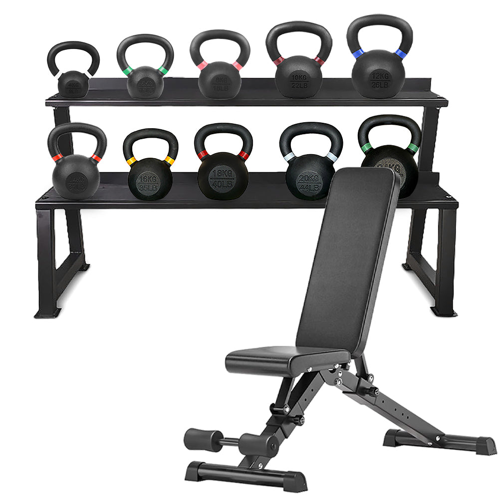 Kettlebell storage rack set with adjustable bench