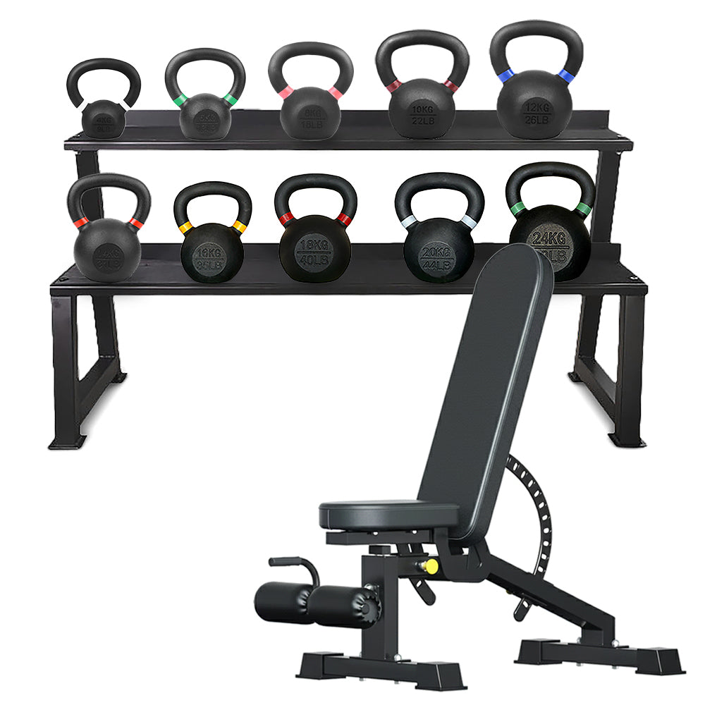 Kettlebell storage rack set with adjustable bench