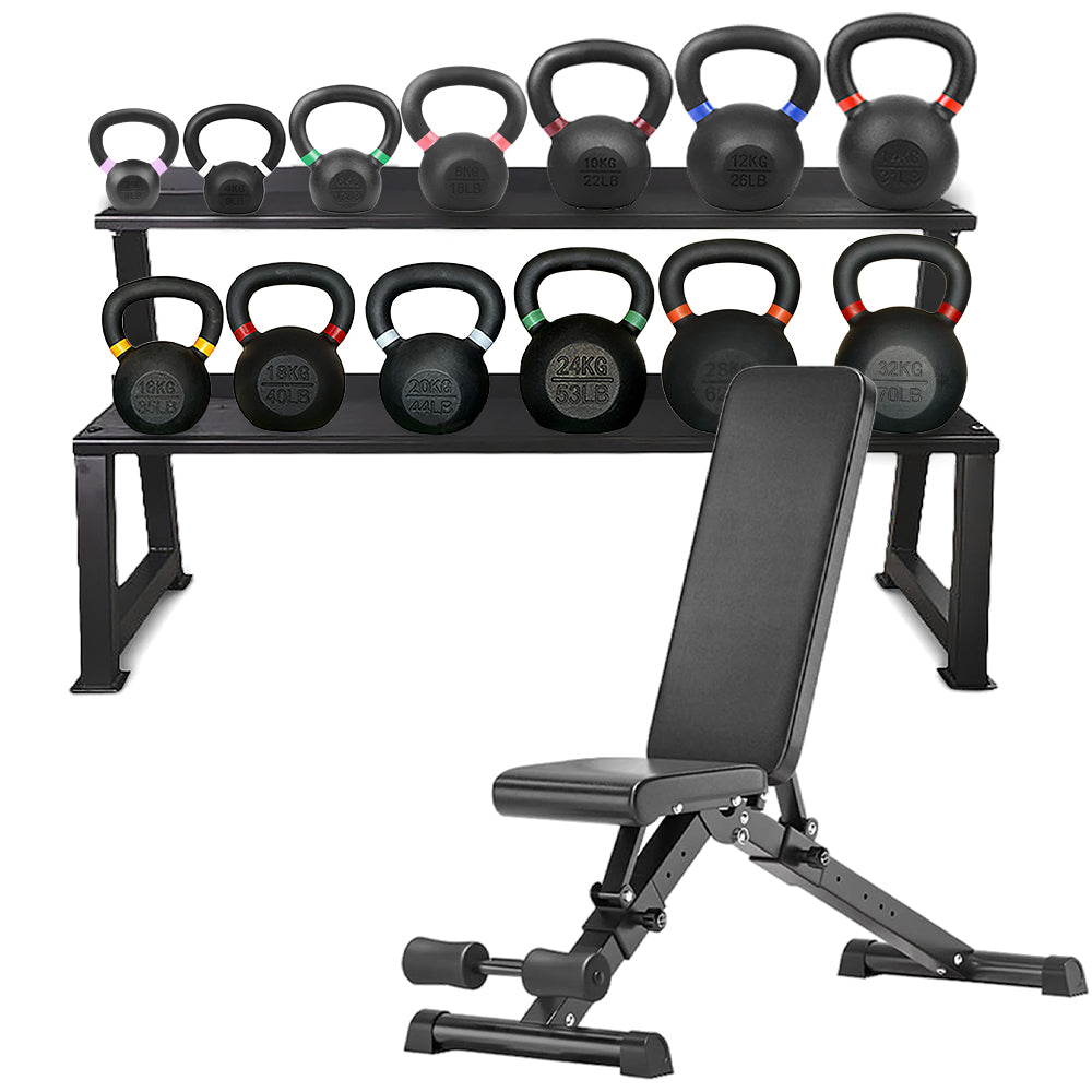 Kettlebell storage rack set with adjustable bench
