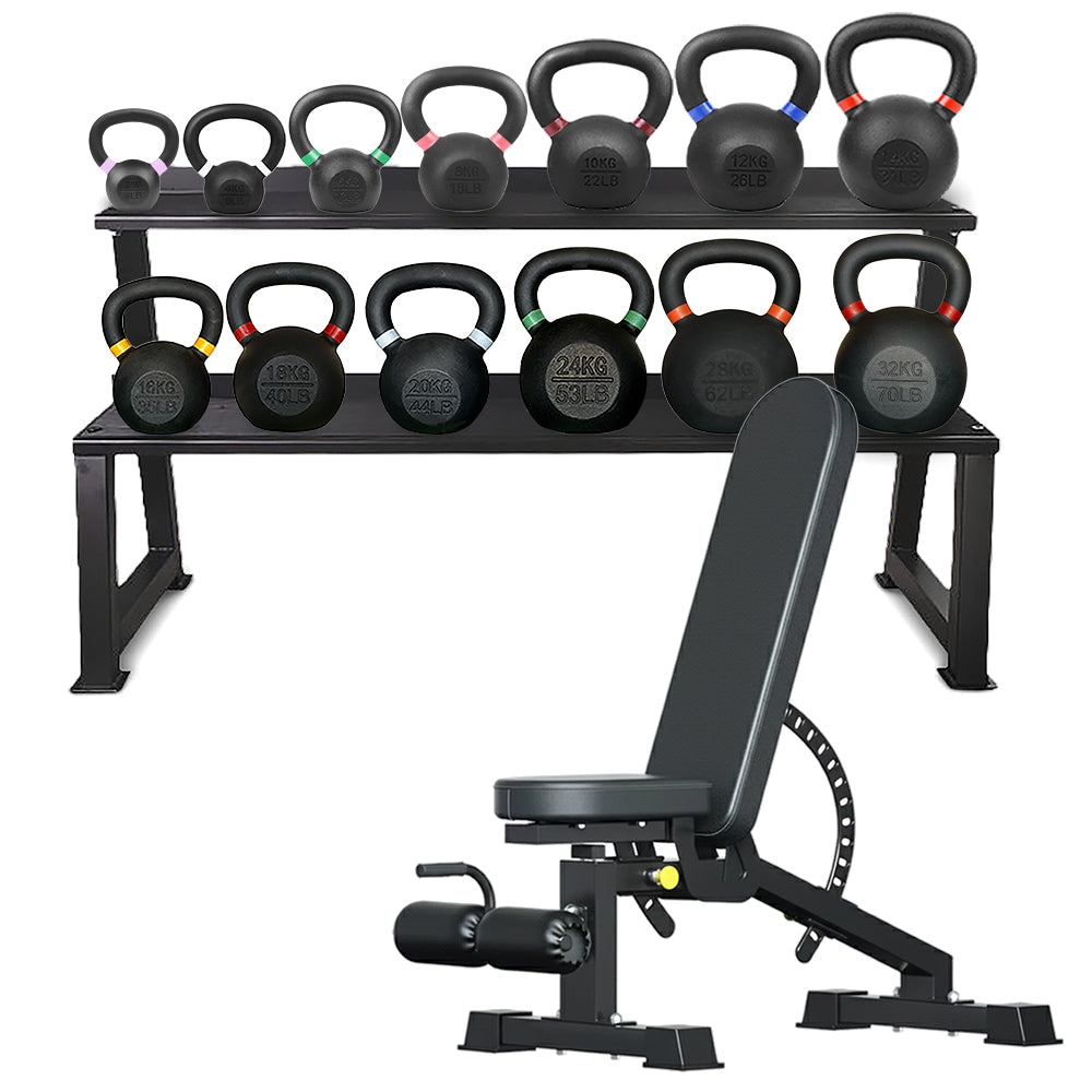 Kettlebell storage rack set with adjustable bench