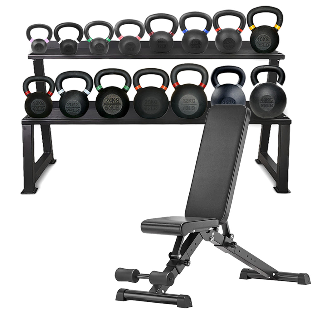Kettlebell storage rack set with adjustable bench