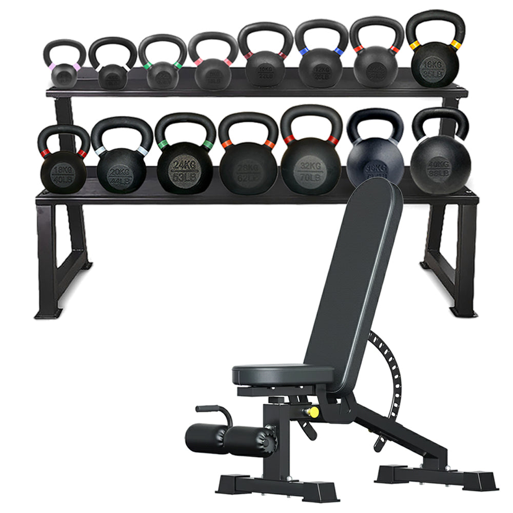 Kettlebell storage rack set with adjustable bench