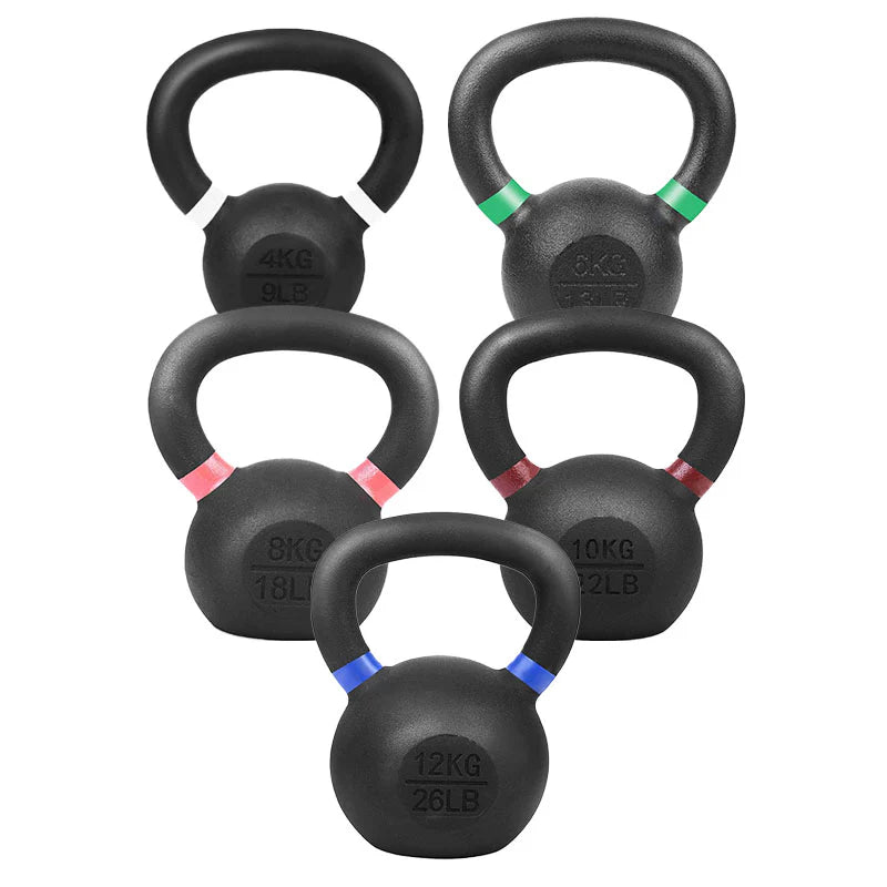 Set of cast iron kettlebells in assorted weights