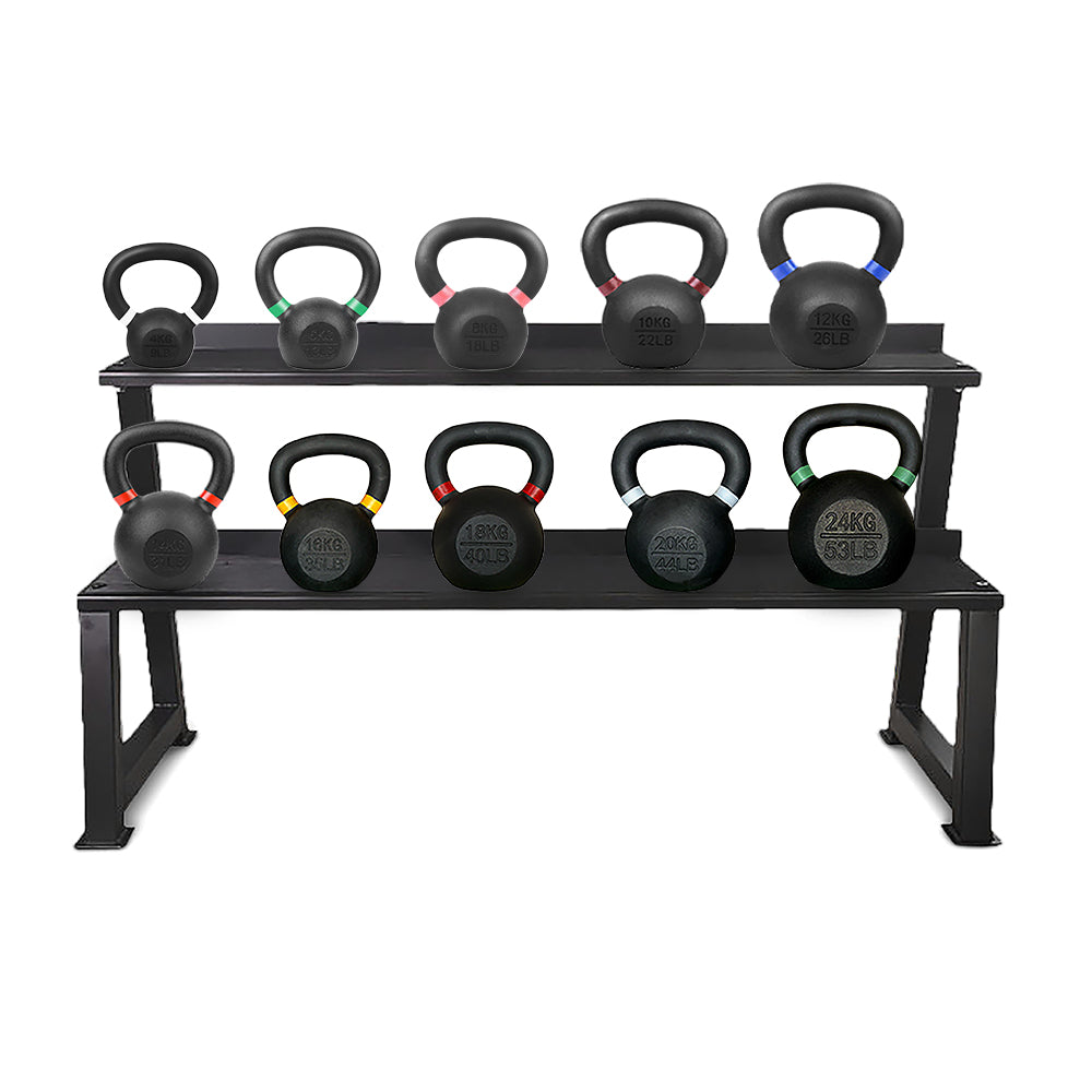 Kettlebells on a two-tier storage rack