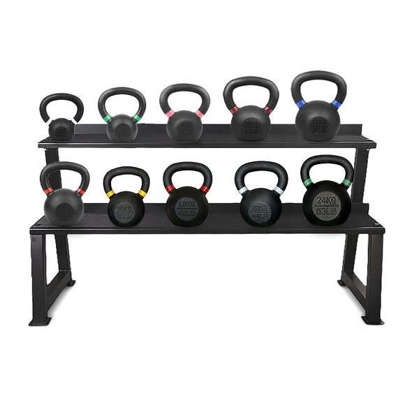 Kettlebells on a two-tier storage rack