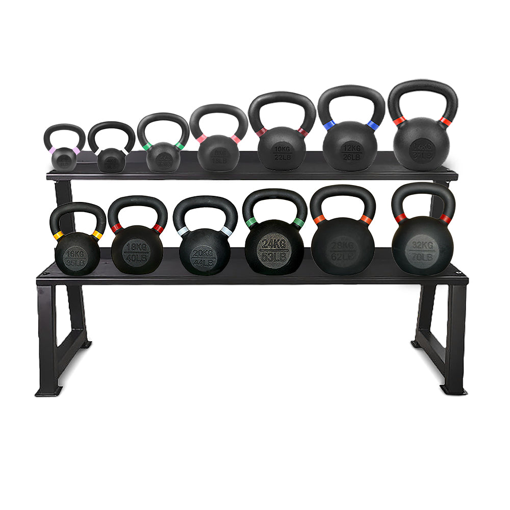 Kettlebells on a two-tier storage rack