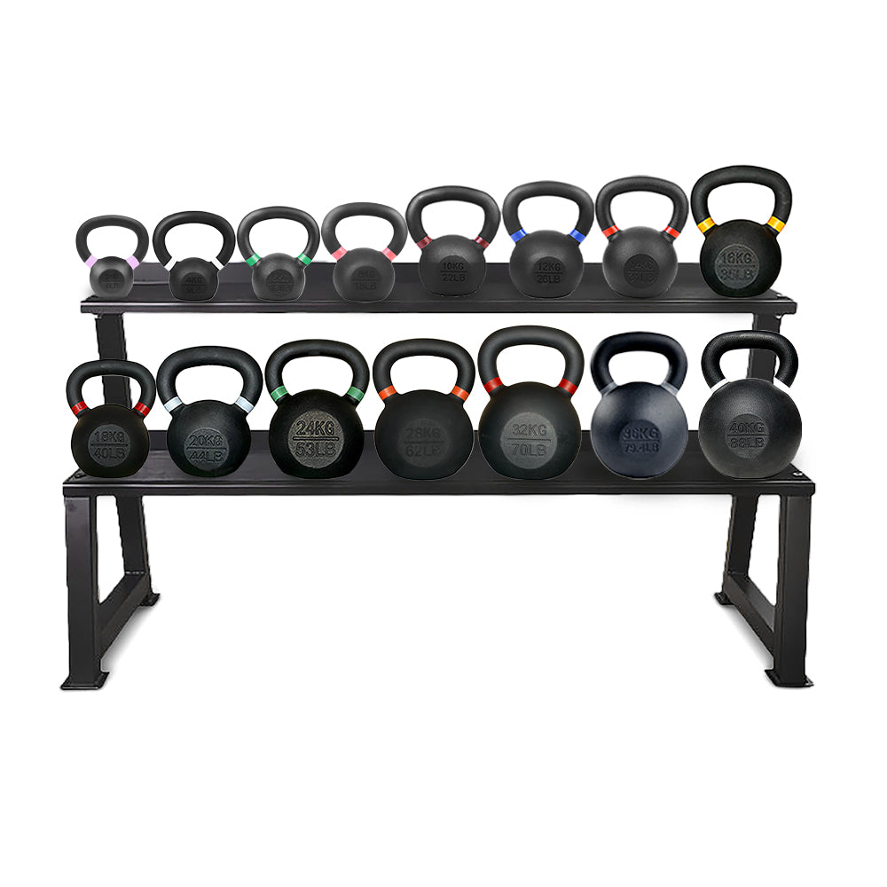 Kettlebells on a two-tier storage rack