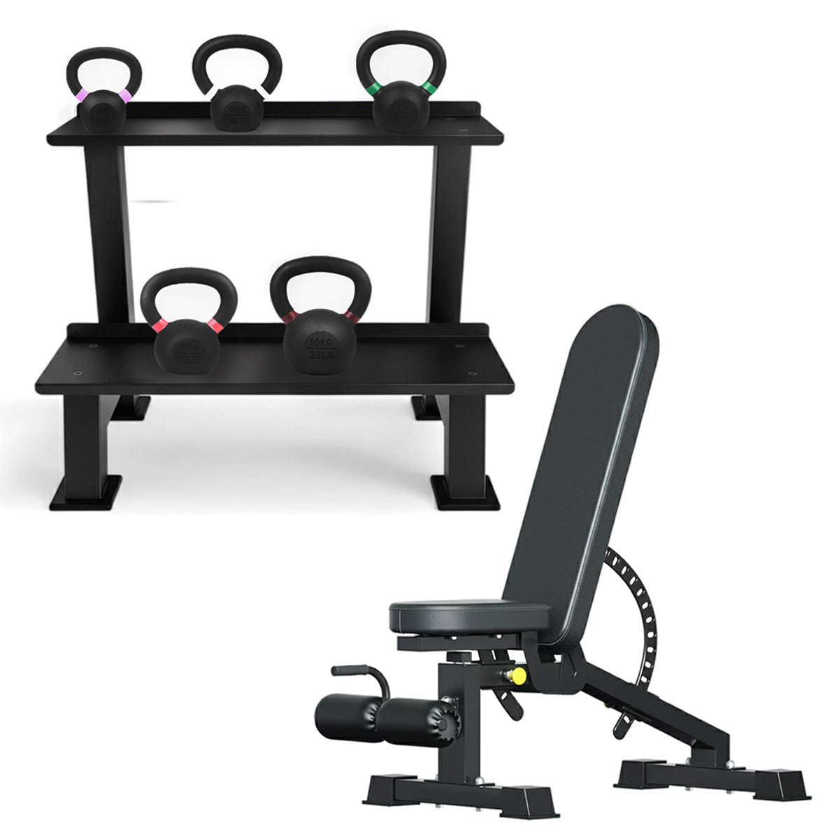 Kettlebell storage rack set with adjustable bench