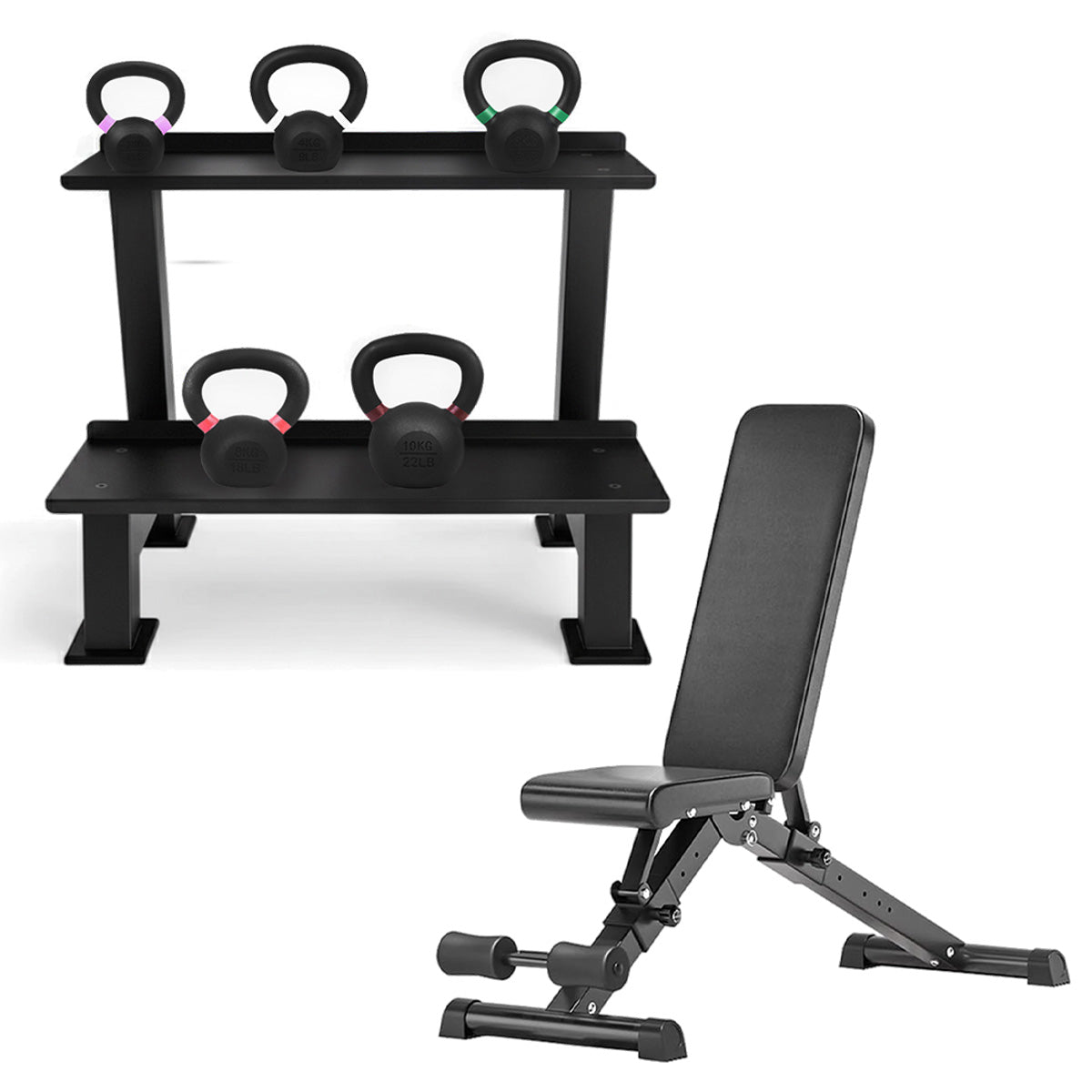 Kettlebell storage rack set with adjustable bench