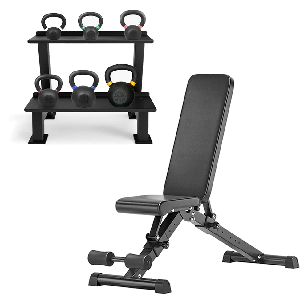 Kettlebell storage rack set with adjustable bench