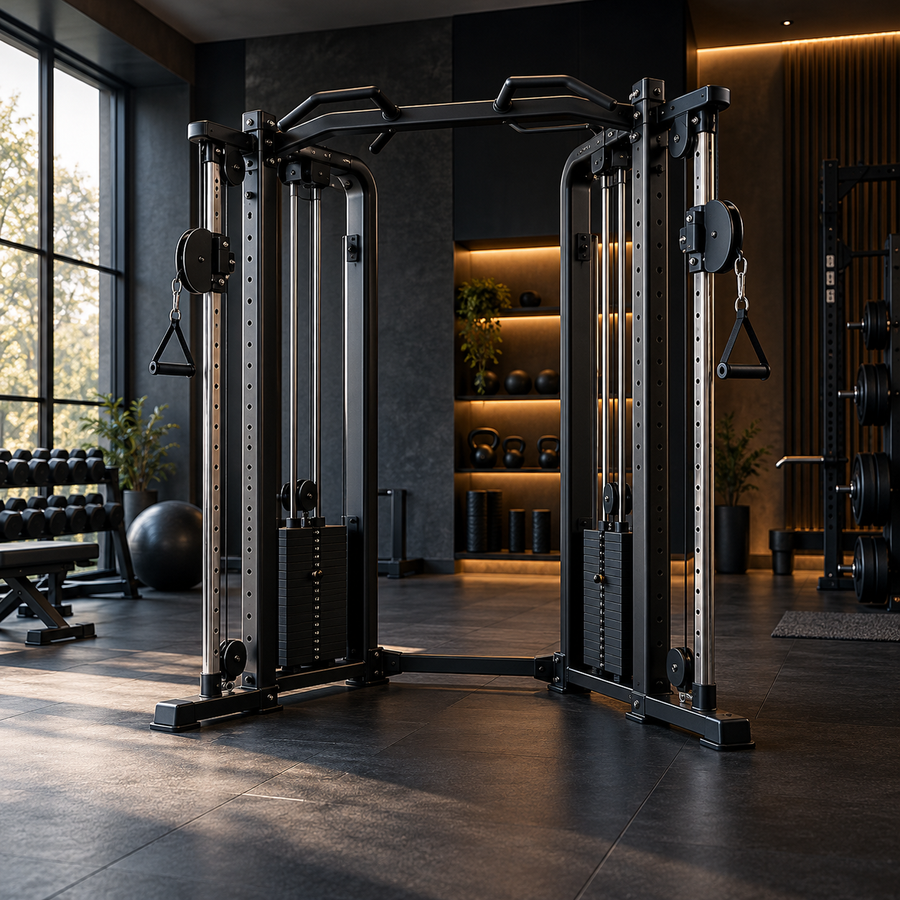 Gym machines and cardio in a dark gym studio