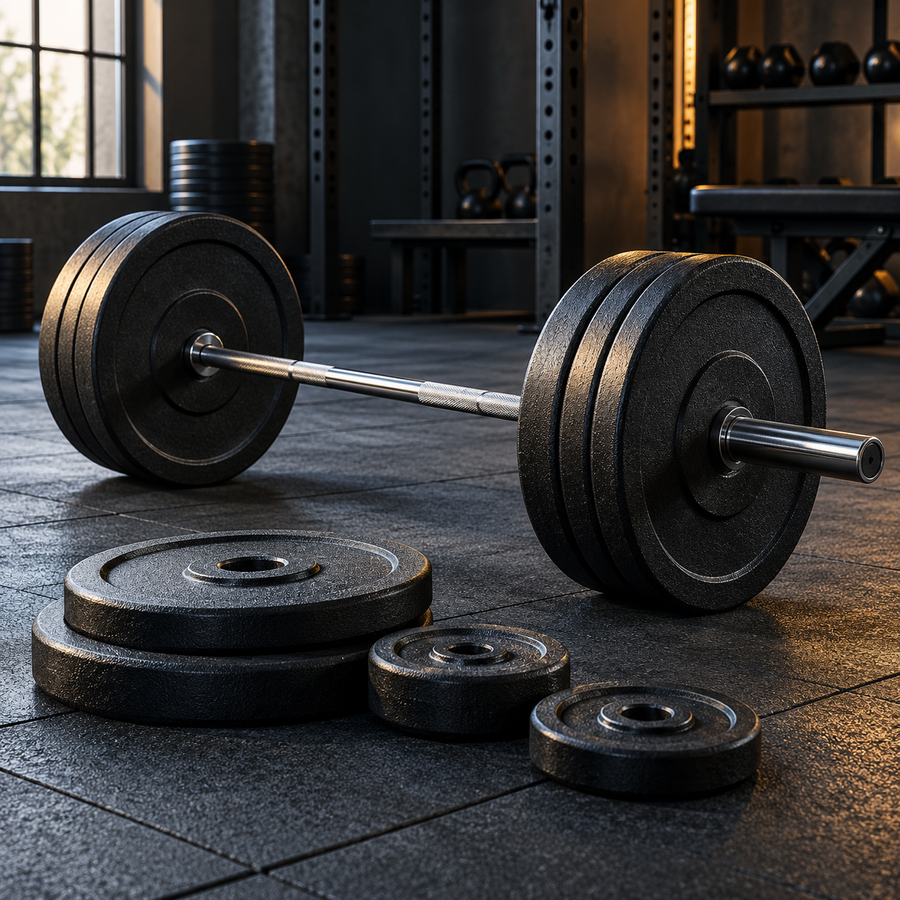 Weight plates and bars in a dark gym studio