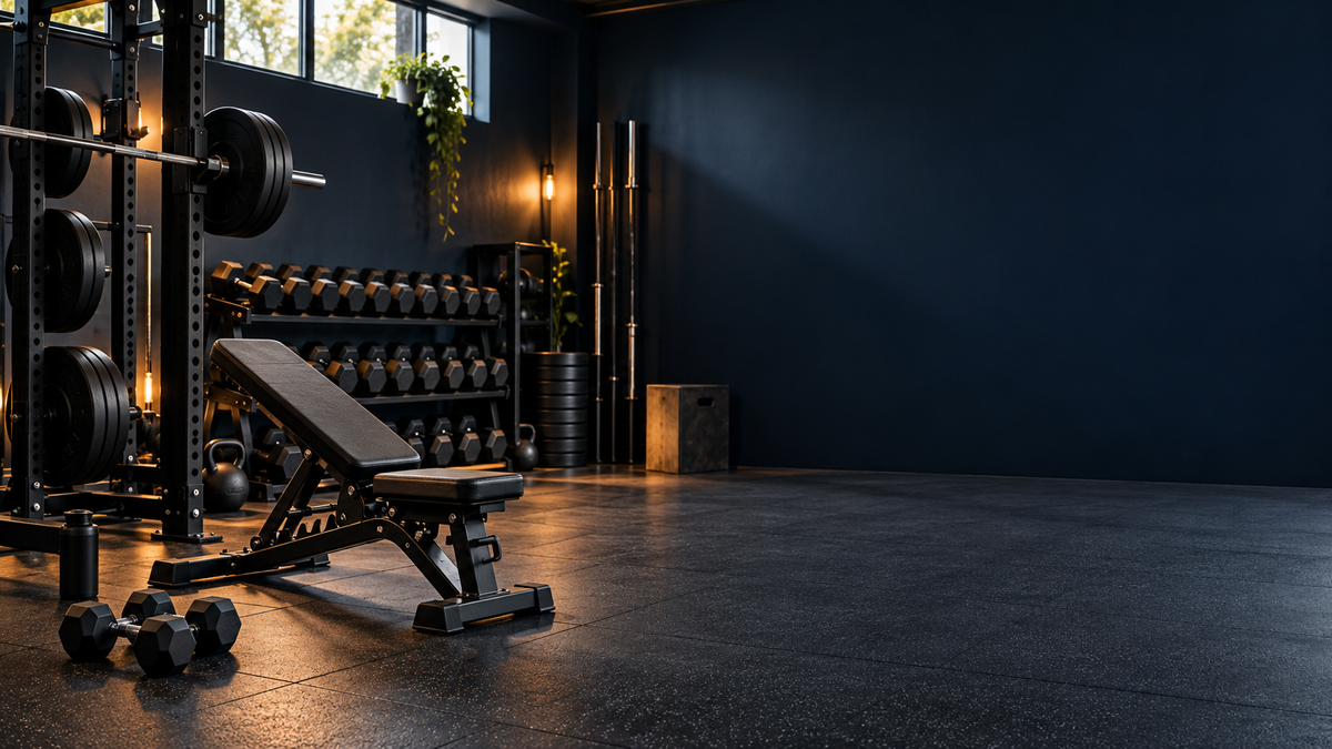 Strength training equipment in a dark home gym studio