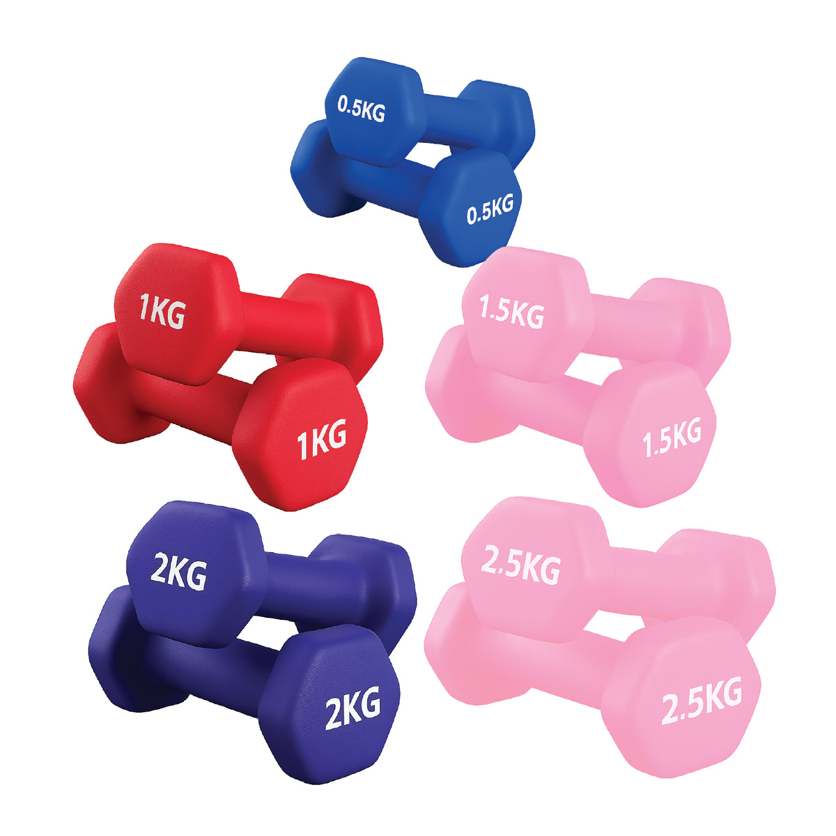 Set of coloured neoprene dumbbell pairs