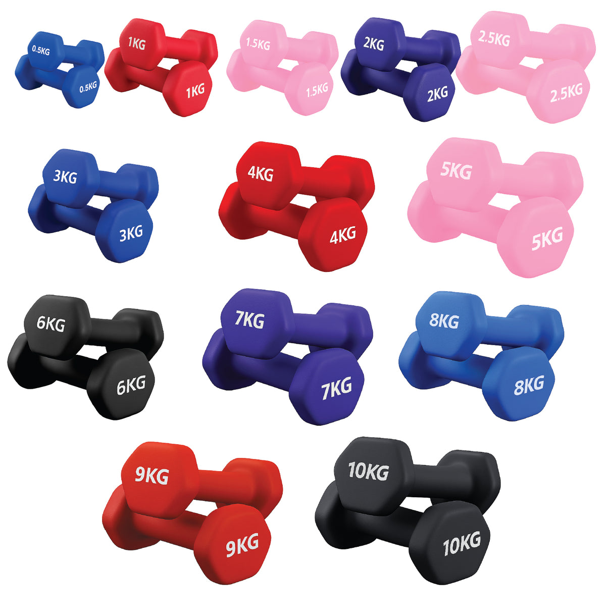 Set of coloured neoprene dumbbell pairs
