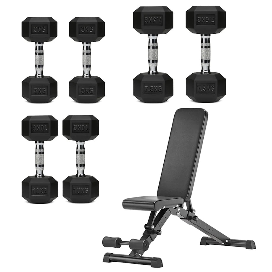 Hex dumbbell set with adjustable weight bench