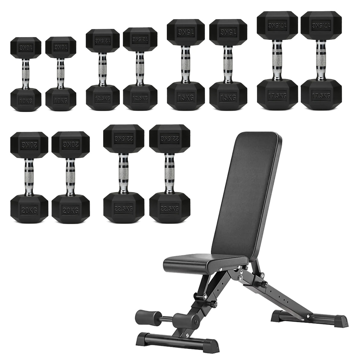 Hex dumbbell set with adjustable weight bench