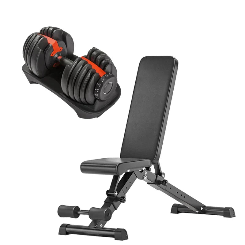 Adjustable dumbbell configuration with weight bench