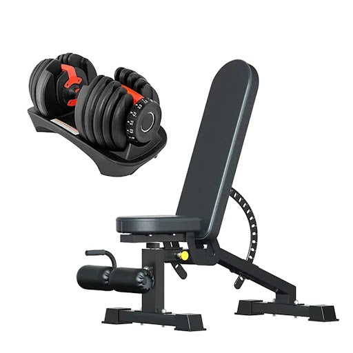 Adjustable dumbbell configuration with weight bench