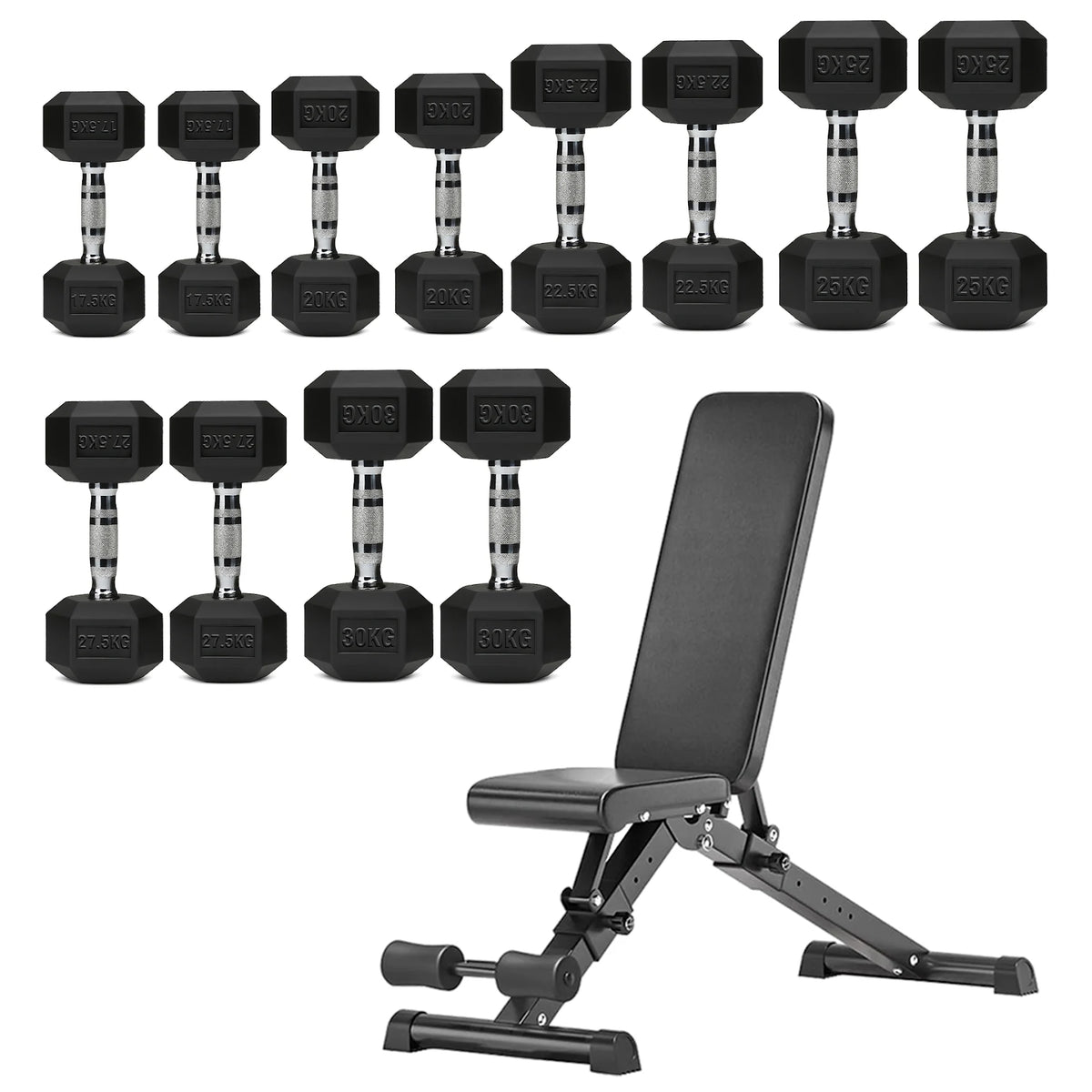 Hex dumbbell set with adjustable weight bench
