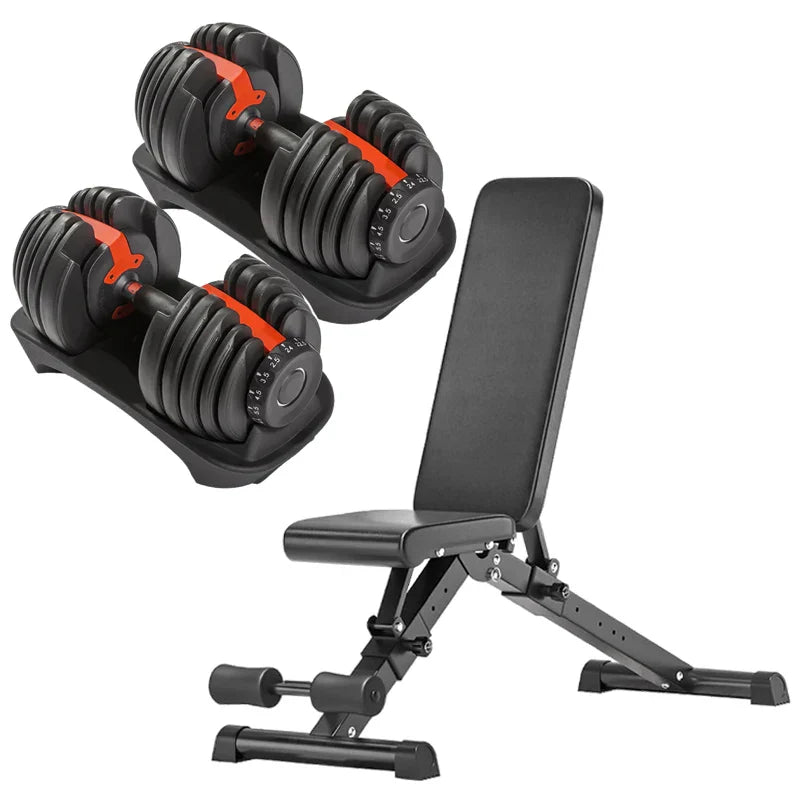 Adjustable dumbbell configuration with weight bench
