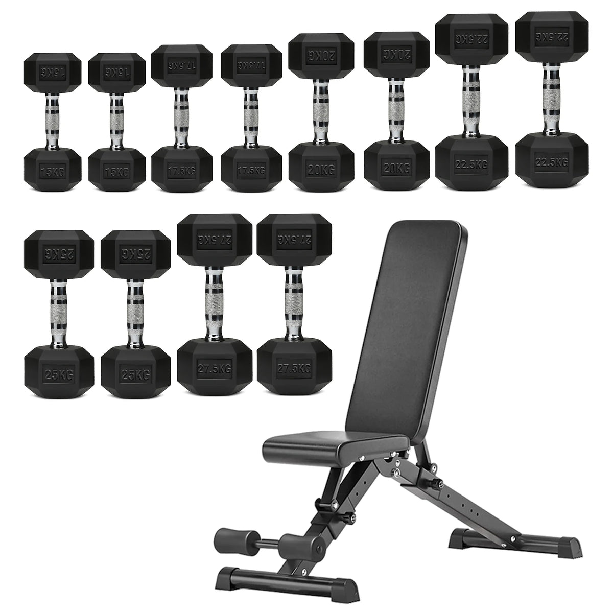 Hex dumbbell set with adjustable weight bench