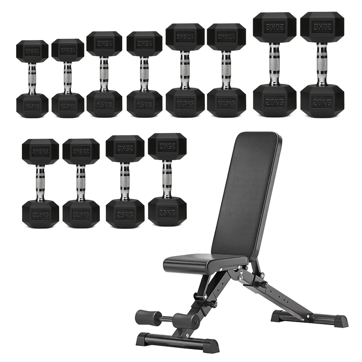 Hex dumbbell set with adjustable weight bench